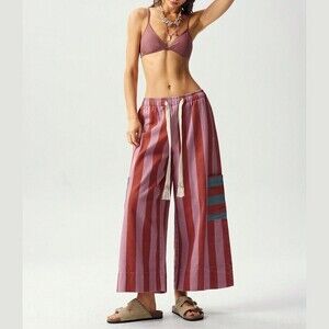 Pink / Orange Candy Stripe Cropped Wide Leg Boho Chic Pants w/ Tassel Drawstring
